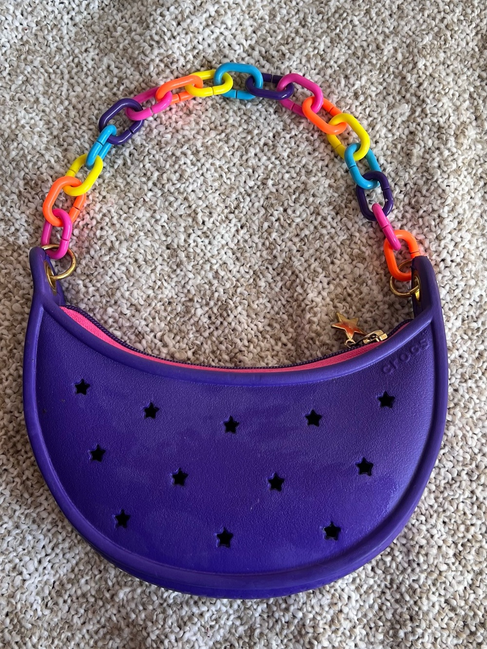 Y2K Crocs Purple Crescent Shoulder Bag with Star Cutouts & Rainbow Chain